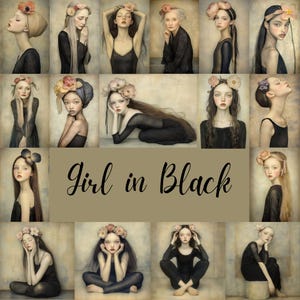 Ragazza in nero - 102 ritratti di donne, donne floreali, arte digitale stampabile vintage, collage di diario spazzatura, album di ritagli per uso commerciale CU