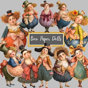 May include: A collection of whimsical paper dolls with exaggerated features, dressed in colorful vintage-inspired outfits. Each doll has a unique expression and is adorned with hats, bows, and floral accents. The text "Bow Paper Dolls" is displayed in a rectangular frame.