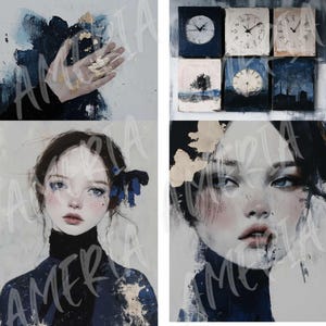 May include: A collage of paintings featuring a woman with blue eyes and a black turtleneck, a hand with gold paint, and a series of small paintings with clocks and landscapes.