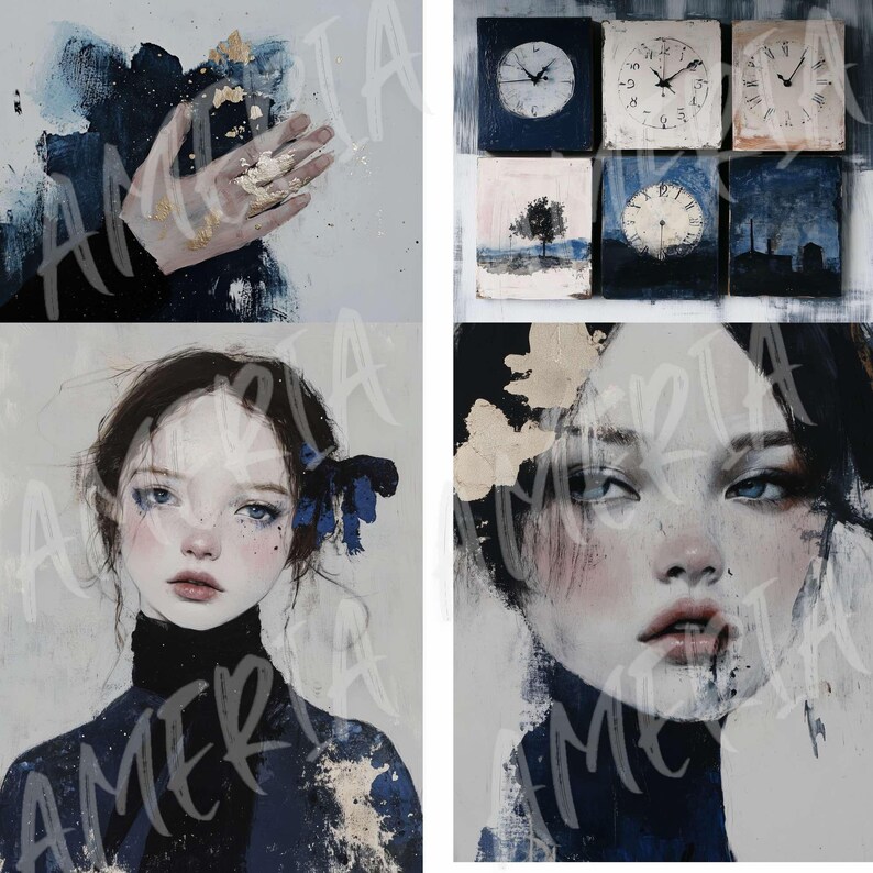 May include: A collage of paintings featuring a woman with blue eyes and a black turtleneck, a hand with gold paint, and a series of small paintings with clocks and landscapes.