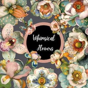 Puede incluir: Un diseño de flores caprichosas en varios colores, incluyendo rosa, naranja, azul y verde, sobre un fondo gris oscuro. La imagen presenta un círculo negro central con las palabras "Whimsical Flowers" en escritura blanca.