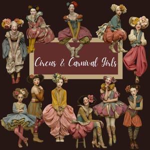 Chicas de circo y carnaval 51 PNG, Clipart Vintage Estético para Diarios Basura, Scrapbooking, Payasos de Collage, Técnica Mixta, Manualidades DIY, CU