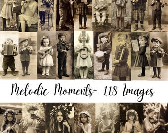 Melodic Moments - 118 Musical Themed Vintage Retro Old Sepia Digital Art Photographs Junk Journal Scrapbooking Card Making Supplies Kit , CU
