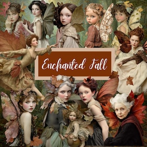 Peut inclure: Un collage de portraits de femmes et d'enfants ornés d'éléments automnaux. Le texte "Enchanted Fall" est affiché dans une police décorative sur un fond marron. L'ensemble évoque une esthétique fantastique ou féerique.