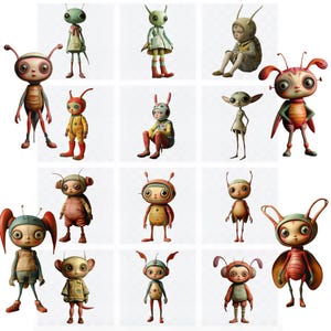May include: A collection of 14 whimsical, colourful, and detailed figurines of various creatures, including insects, aliens, and fairies. Each figurine has a unique design and personality, with intricate details and vibrant colours.
