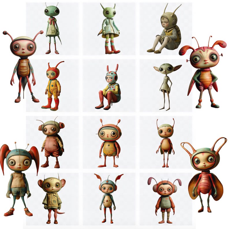 May include: A collection of 14 whimsical, colourful, and detailed figurines of various creatures, including insects, aliens, and fairies. Each figurine has a unique design and personality, with intricate details and vibrant colours.