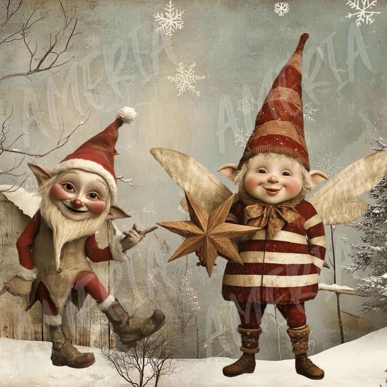 May include: Two Christmas elves, one with wings and holding a star, the other with a red hat, standing in a snowy winter scene.