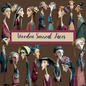 Houten surrealistisch gezicht clipart 115 eigenzinnige karakter illustratie png voor ambachten + achtergronden, collage, ongewenste tijdschriften afdrukbare kaarten kaarten maken