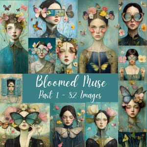 Bloomed Muse - Spring Surreal Whimsical 82 visages fleuris, dames printanières, femmes fleuries, journal d'art numérique indésirable, collage technique mixte
