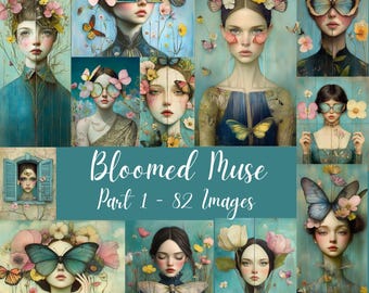 Bloomed Muse - Spring Surreal Whimsical  82 Flowered faces, Springtime Ladies, Floral women, Digital Art Junk Journal ,mixed media collage