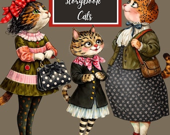 May include: Illustration of three anthropomorphic cats dressed in vintage clothing. The cat on the left wears a red bow, a green dress, and holds a polka dot purse. The middle cat wears a black coat and pink bow. The right cat wears a dress and a brown bag. Text reads "Storybook Cats."