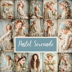 Puede incluir: Un collage de retratos con una estética vintage, que presenta a jóvenes adornados con tocados florales y ropa de colores pastel. El texto "Pastel Serenade" se muestra sobre un fondo azul. Las imágenes evocan un tema romántico y etéreo.