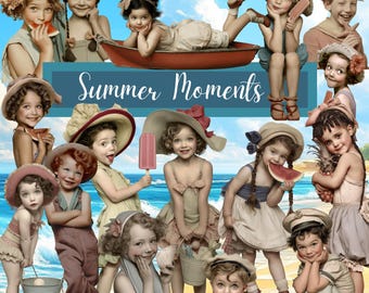 Vintage Summer Children Clipart: Junk Journal Ephemera (PNG Digital Download) - Summer Moments