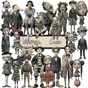 May include: A collection of whimsical, stylized figures with exaggerated features. The figures are dressed in a variety of outfits, including striped suits, dresses, and coats. The text "Whimsy Crew" is displayed on a banner. The color palette is primarily grayscale with pops of red.