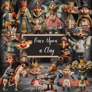May include: A collection of whimsical clay figures, each with unique features and costumes. The figures include kings, queens, and other fantastical characters, with crowns, wings, and expressive faces. The image features the text "Once Upon a Clay".
