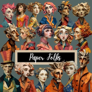 Paper Folks : 89 cliparts collage surréaliste | Portraits fantaisistes de poupées en papier, documents éphémères pour le scrapbooking, journaux techniques mixtes, usage commercial