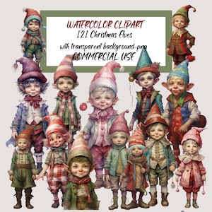 May include: A collection of watercolour illustrations of 12 Christmas elves. The elves are depicted in a variety of outfits and hats, with a range of colours including red, green, blue, and pink. The image includes the text "WATERCOLOR CLIPART 121 Christmas Elves with transparent background-png COMMERCIAL USE."