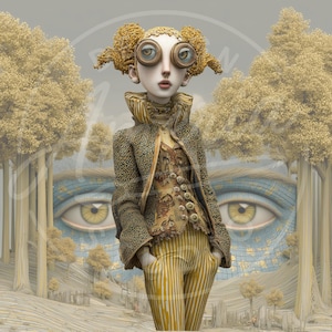 May include: A whimsical digital art piece featuring a stylized figure with large, round, goggle-like eyes and elaborate hair. The figure wears a patterned jacket, vest, and striped pants. The background includes stylized trees and a giant eye.
