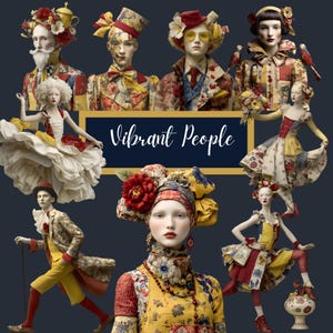 May include: A collage of figures in vibrant, patterned clothing and elaborate headwear. The image features the text "Vibrant People" on a navy blue background. The figures are adorned with floral and geometric designs, showcasing a blend of colors.
