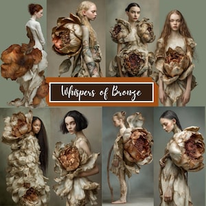 May include: A collage of eight portraits featuring individuals wearing sculptural garments adorned with large, layered bronze and cream-colored floral elements. A central rectangular banner displays the text Whispers of Bronze.