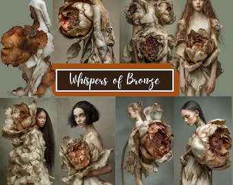 Bronze Floral Women Clipart Bundle, 104 Surreal Botanical Lady Portraits, Whimsical Vintage Images