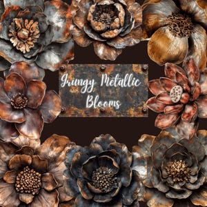 Grungy Metallic Blooms Clipart Bundle, 31 Transparent PNG Images 300 dpi, Metallics, Grungy Flower, Digital Download. Commercial Use CU