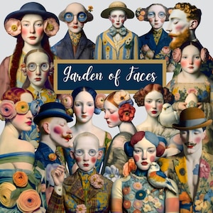 May include: A digital art print featuring a collection of stylized portraits with floral and whimsical elements. The artwork, titled "Garden of Faces," showcases individuals with unique makeup and attire, creating a surreal and artistic composition.