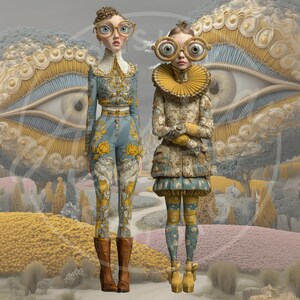 May include: Two figures in whimsical outfits with oversized glasses stand in a surreal landscape. One wears a blue and yellow floral jumpsuit and brown boots. The other is in a patterned dress with a ruffled collar and yellow shoes.