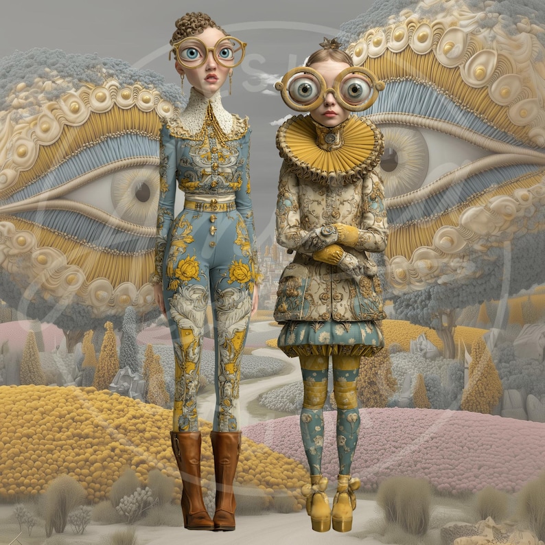 May include: Two figures in whimsical outfits with oversized glasses stand in a surreal landscape. One wears a blue and yellow floral jumpsuit and brown boots. The other is in a patterned dress with a ruffled collar and yellow shoes.