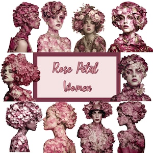 Portraits de femmes aux pétales de rose | Art de collage botanique 28 PNGS pour scrapbooking, journalisation indésirable, fournitures de création artistique techniques mixtes, usage commercial
