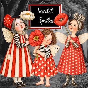 Può includere: Tre figure illustrate con ali, che indossano abiti rossi e bianchi a motivi con maniche a righe, tengono in mano grandi fiori rossi e bianchi. Un cartello rettangolare nero sopra riporta il testo bianco Scarlet Sprites in carattere corsivo.