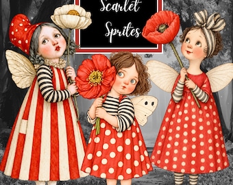 Printable Paper Dolls Clipart,  36 Whimsical Vintage Fairy Characters, Junk Journal & Scrapbooking Digital Download - Scarlet Sprites