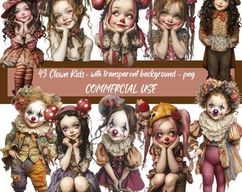 Clown Kids - 43 pngs  Digital Images ,Circus Elements, Whimsical Clipart png, Cards, Junk Journal, scrapbook, collage  Commercial use