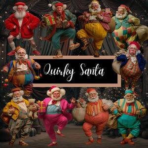 Könnte beinhalten: Eine Collage von acht skurrilen Weihnachtsmannfiguren in verschiedenen farbenfrohen Outfits. Die Weihnachtsmänner werden in spielerischen Posen dargestellt, einige halten Geschenke oder Säcke. Der Text "Quirky Santa" wird auf schwarzem Hintergrund angezeigt.