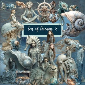 Mar de Sueños Vol. 2 – Conjunto de imágenes prediseñadas de fantasía oceánica etérea, arte surrealista de sirenas, criaturas míticas submarinas, 200 imágenes PNG + 42 fondos