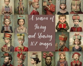 Può includere: Un collage di 12 immagini che ritraggono bambini e adulti che indossano cappelli e tengono in mano dei regali. Il testo "A season of Giving and Sharing 107 images" è al centro del collage.