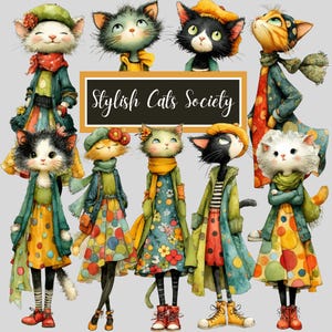 Vintage katt clipart-paket, 60 PNG nyckfulla katter, modekatter, akvarell djurclipart, scrapbooking, skräpjournal, snyggt kattsamhälle