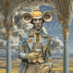 May include: An artistic digital illustration of a person with large eye-shaped objects on either side of their head. The person is wearing a blue and yellow plaid coat, holding a teacup. The background features a landscape with clouds and architectural elements.