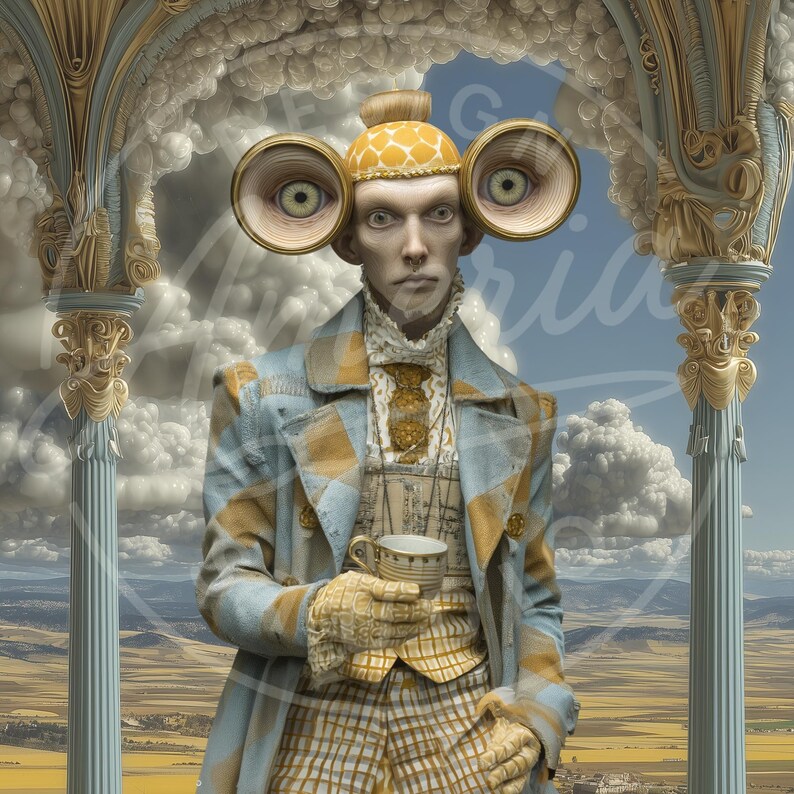 May include: An artistic digital illustration of a person with large eye-shaped objects on either side of their head. The person is wearing a blue and yellow plaid coat, holding a teacup. The background features a landscape with clouds and architectural elements.