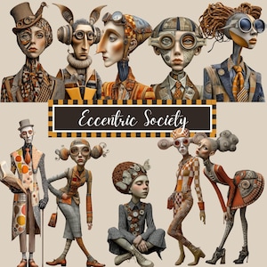 May include: An artistic illustration featuring a collection of stylized figures with unique steampunk-inspired attire. The image includes the text "Eccentric Society" in a decorative banner, showcasing a variety of characters with distinctive facial features and elaborate headwear.