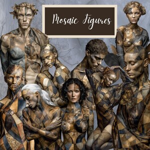 Może przedstawiać: Grupa postaci z mozaikowymi wzorami na skórze i ubraniach. Postacie są w różnych pozach, na neutralnym tle. Tekst "Mosaic Figures" jest wyświetlany w brązowym prostokącie.