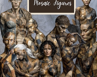 Mosaic Figures | Abstract Human Figures Clipart for Journals, Collage & Mixed Media | 55 PNGs and 57 Backgrounds
