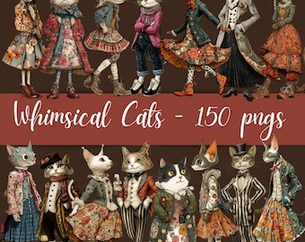 May include: A collection of whimsical cats dressed in various outfits, including a red dress, a blue and white striped shirt, and a black and white striped dress. The cats are all standing on a brown background. The text "Whimsical Cats - 150 pngs" is at the bottom of the image.