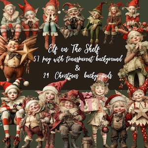 Elf On The Self, clipart świąteczny, 57 obrazów PNG i 29 obrazów tła, Fantazyjne świąteczne Boże Narodzenie, , Sztuka cyfrowa, Junk Journal CU