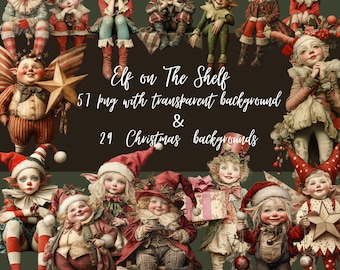 Whimsical Elf Christmas Clipart: 57 PNGs, 29 Backgrounds (Digital Art Download)