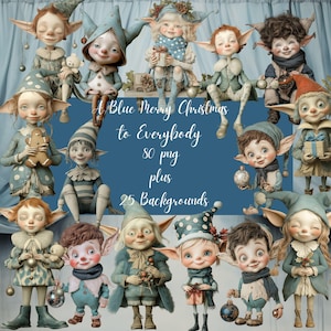 Een blauwe rustieke kerst 80 pngs, blauwe vintage kerstelfen, elfen clipart, vakantiekit, kaarten maken digitale kunst junk Journal, grillig, CU