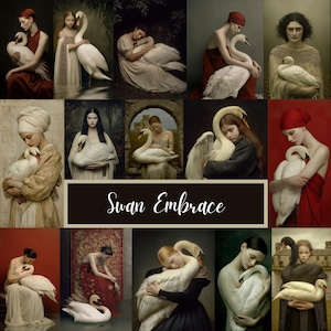 May include: A collage of artistic portraits featuring women embracing swans. The images showcase various poses and settings, with the women in different attire and the swans in close proximity. The text "Swan Embrace" is displayed in the center.