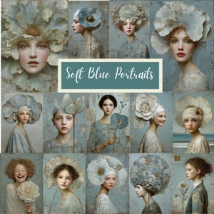 May include: A collage of portraits featuring women with elaborate floral headpieces and soft blue attire. The text "Soft Blue Portraits" is displayed on a teal background. The images have a vintage, artistic aesthetic.