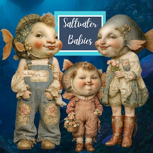 Utskrivbara pappersdockor, fiskfigurer, 16 PNG-bilder + 32 taggar, scrapbooking av småtryck, barnillustrationer, surrealistisk konst
