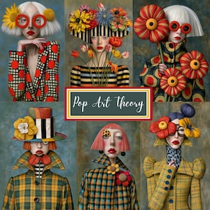 May include: A collage of six stylized portraits featuring individuals with vibrant hair, bold red lipstick, and patterned clothing, including polka dots, stripes, and plaid. A central rectangular sign displays the text Pop Art Theory.